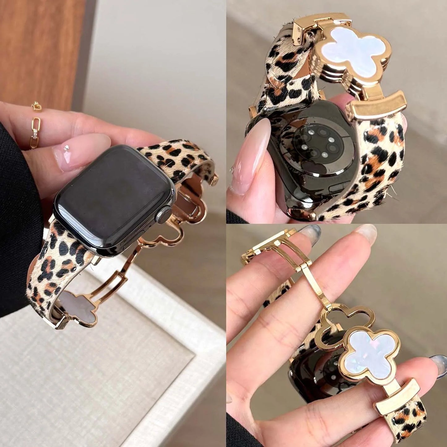 Leopard Leather Magnetic Apple Watch Strap
