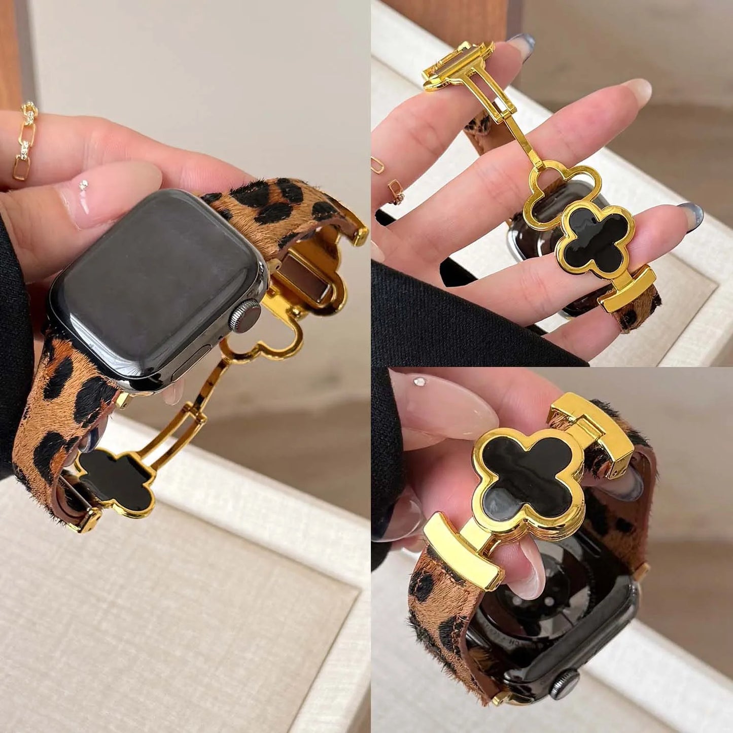 Leopard Leather Magnetic Apple Watch Strap